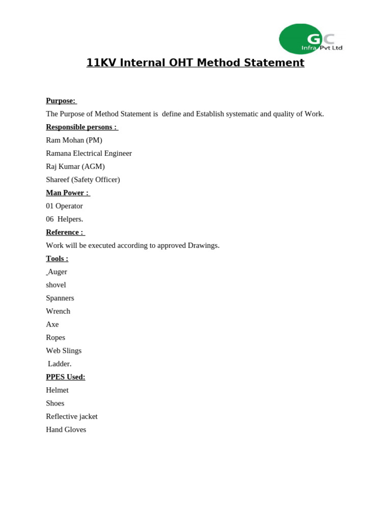 11KV OHT Method Statement Overview | PDF