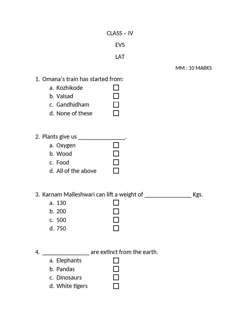 EVS Class IV Quiz Questions | PDF