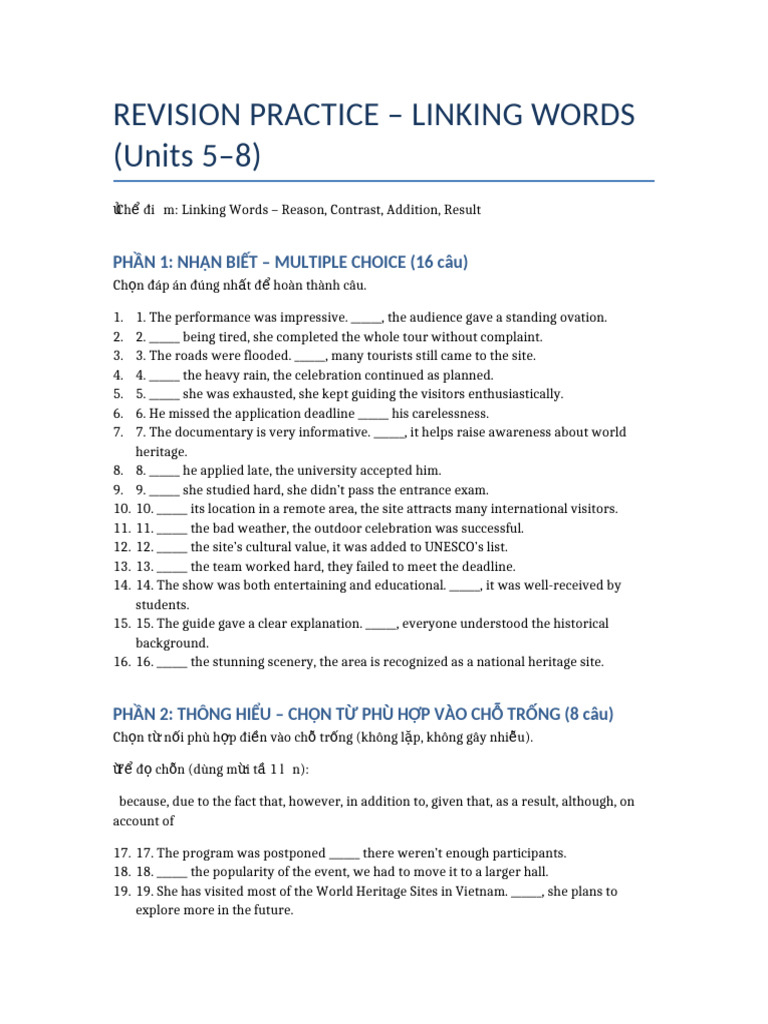 Linking Words Revision Practice Guide | PDF | Chess Openings | Chess