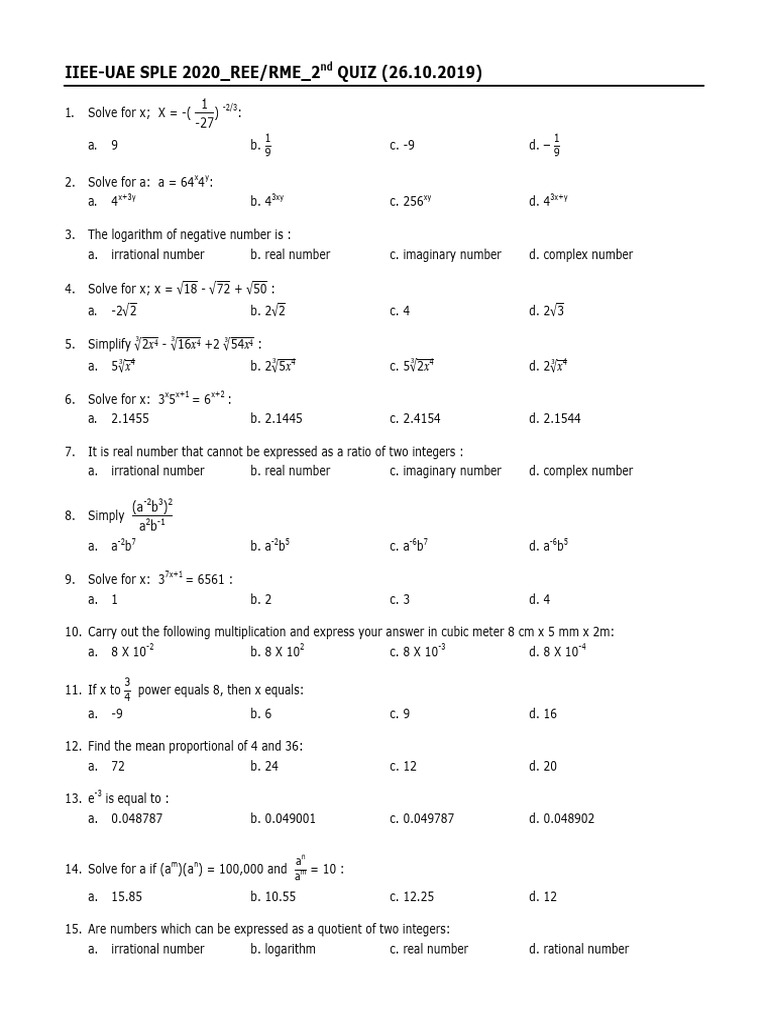 IIEE-UAE 2020 REE/RME Quiz Solutions | PDF | Numbers | Logarithm