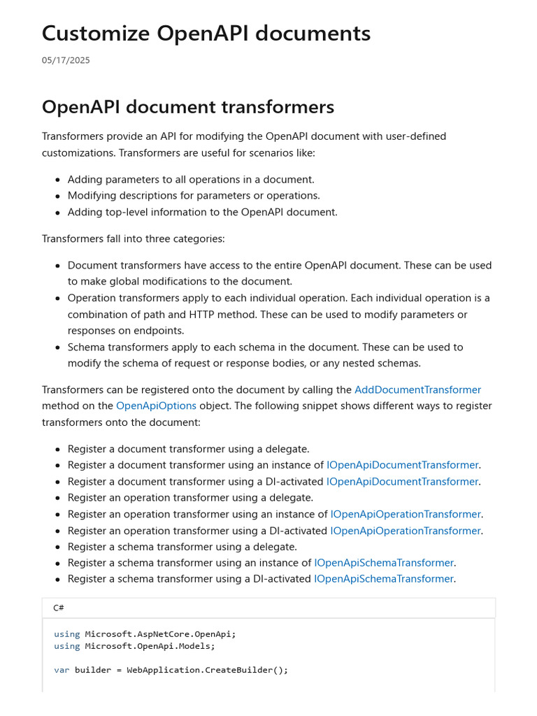 Customize OpenAPI Documents - Microsoft Learn | PDF | C Sharp ...