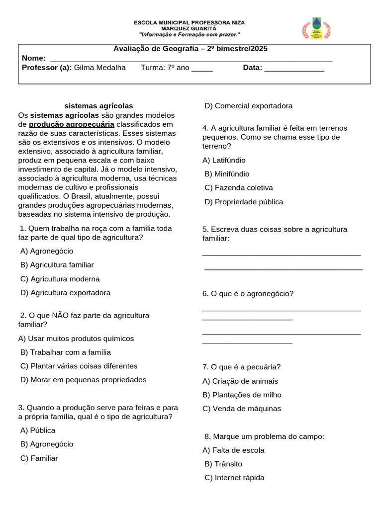 Atividades sobre Agricultura Familiar 7º Ano | PDF | Agricultura ...