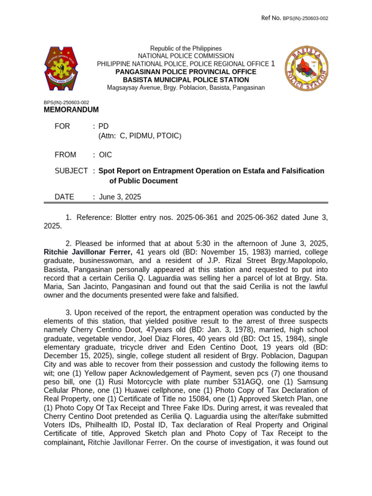 Spot Report Estafa and Falsification of Public Document(4) | PDF
