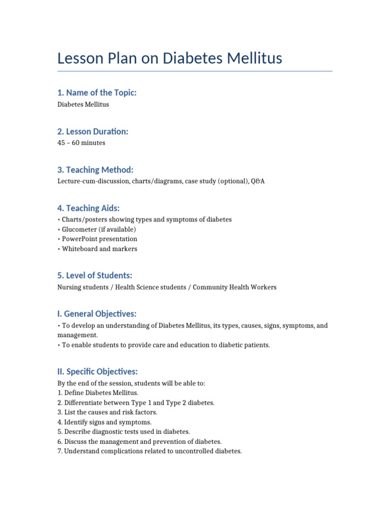 Diabetes Mellitus Lesson Plan for Nursing | PDF | Diabetes | Prediabetes