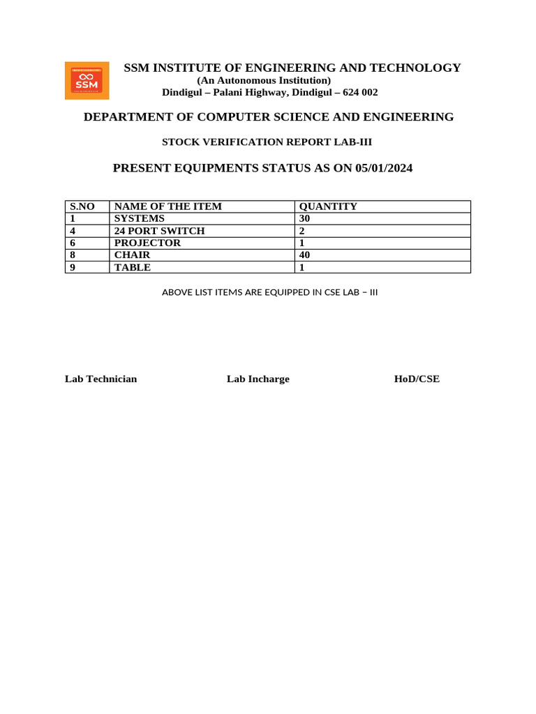 CSE Lab Equipment Stock Reports | PDF | Equipment | Computer Hardware