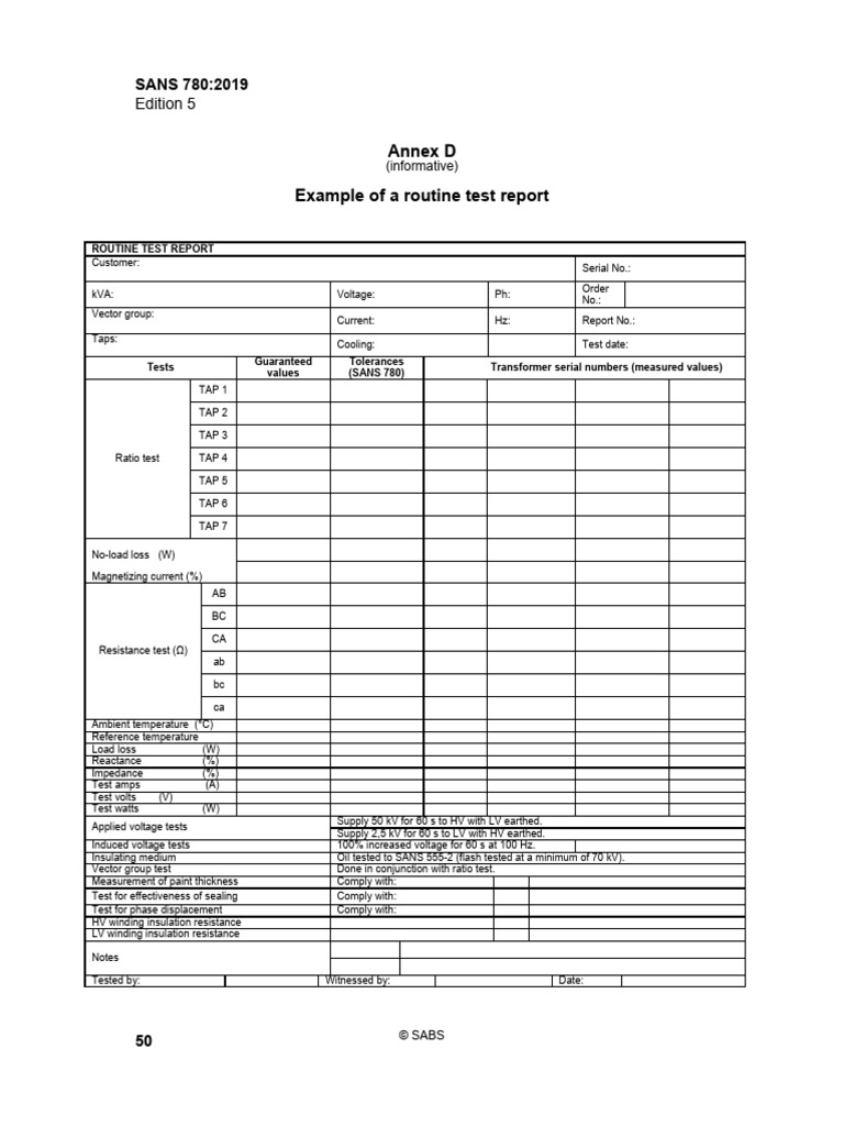 Routine Test Report for SANS 780 Transformers | PDF | Transformer ...