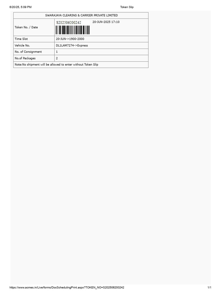 Token Slip 1 | PDF
