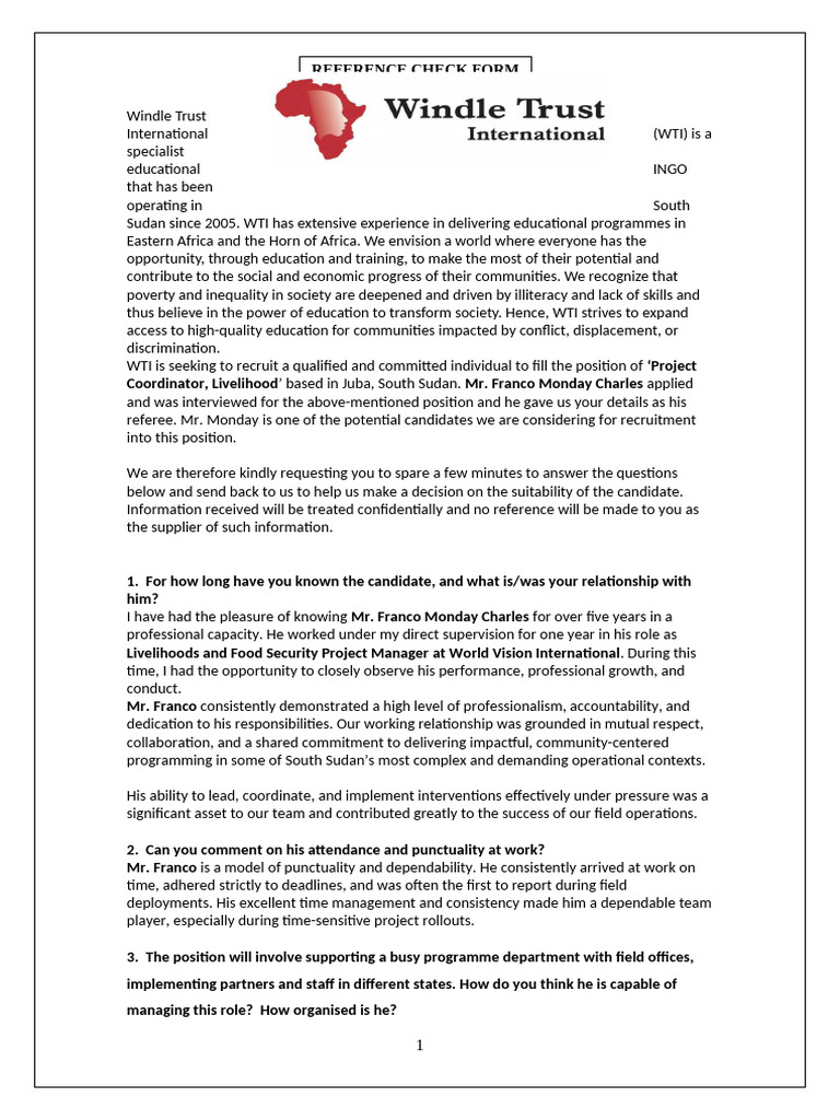 Reference Check for Project Coordinator Position | PDF | Social Psychology