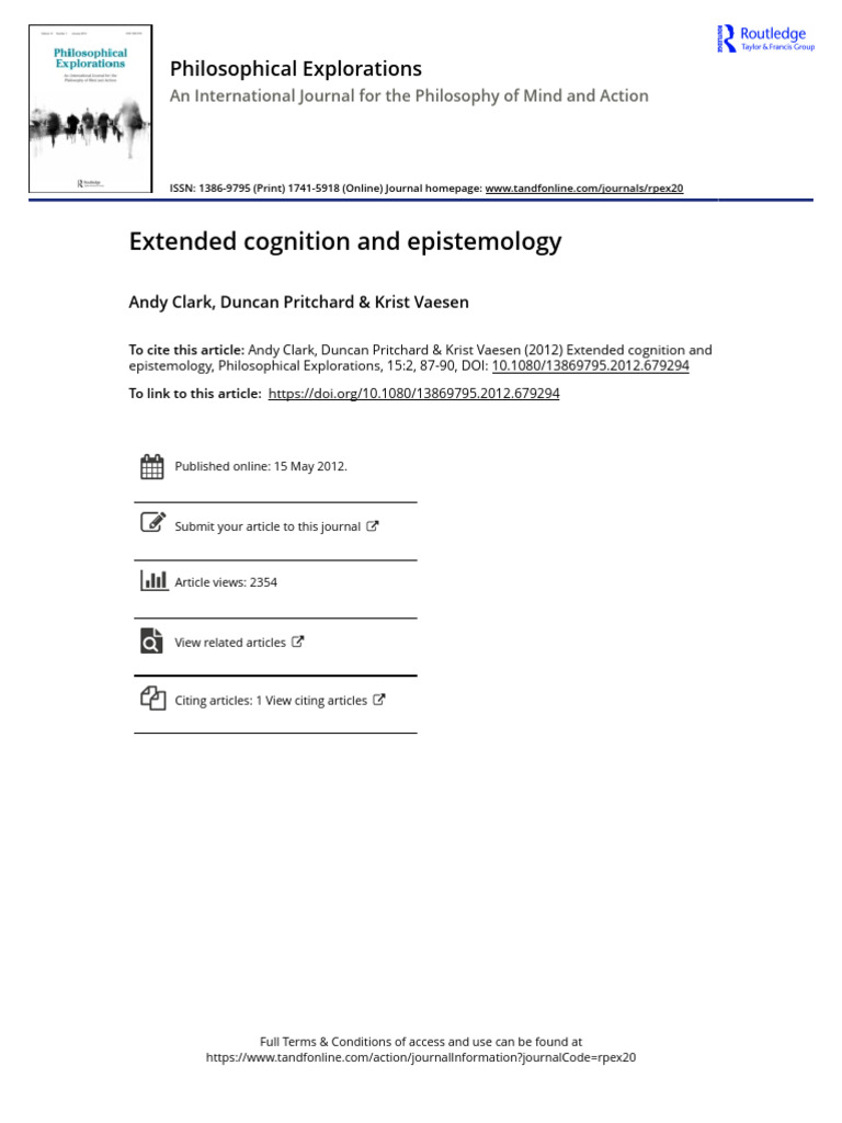 Clark Et Al (2012) Extended Cognition and Epistemology | PDF ...
