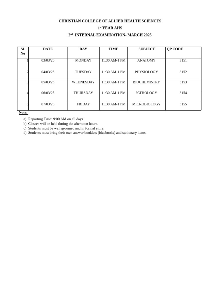 AHS 1st Year Exam Schedule March 2025 | PDF