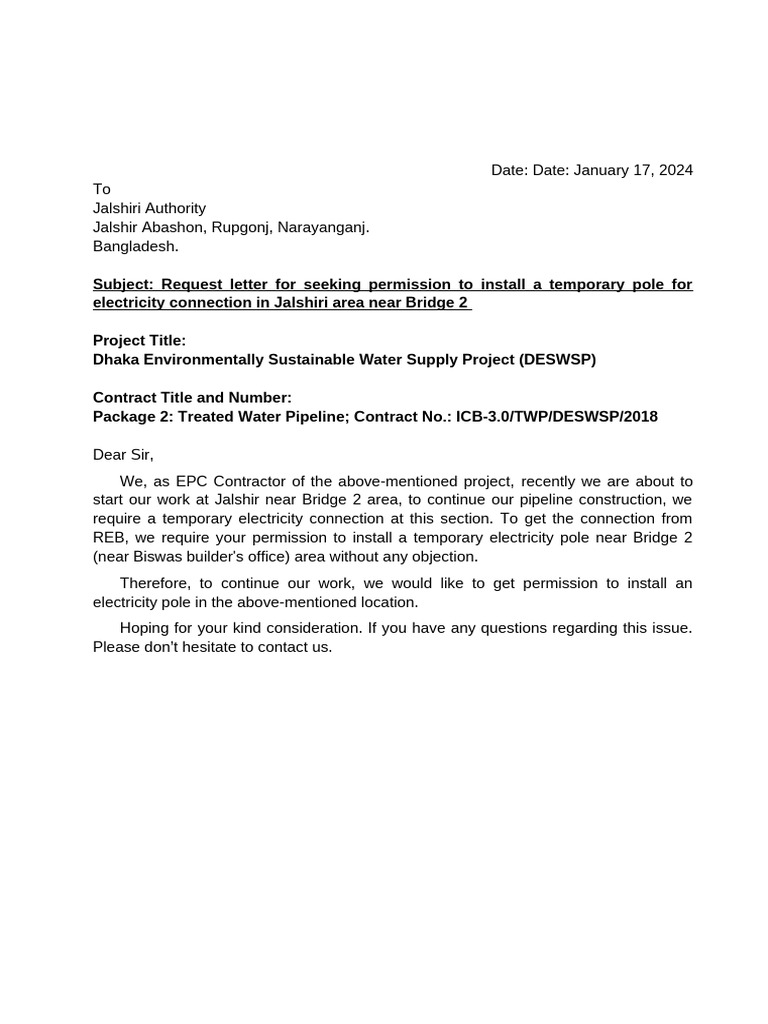 Request for Temporary Electricity Pole Installation | PDF