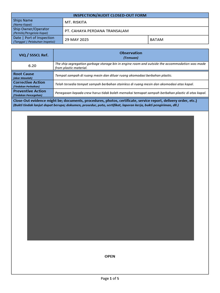 MT. RISKITA Inspection Audit Summary | PDF