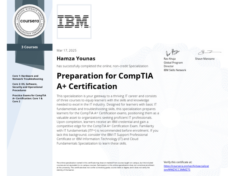 Hamza Younas: CompTIA A+ Completion | PDF
