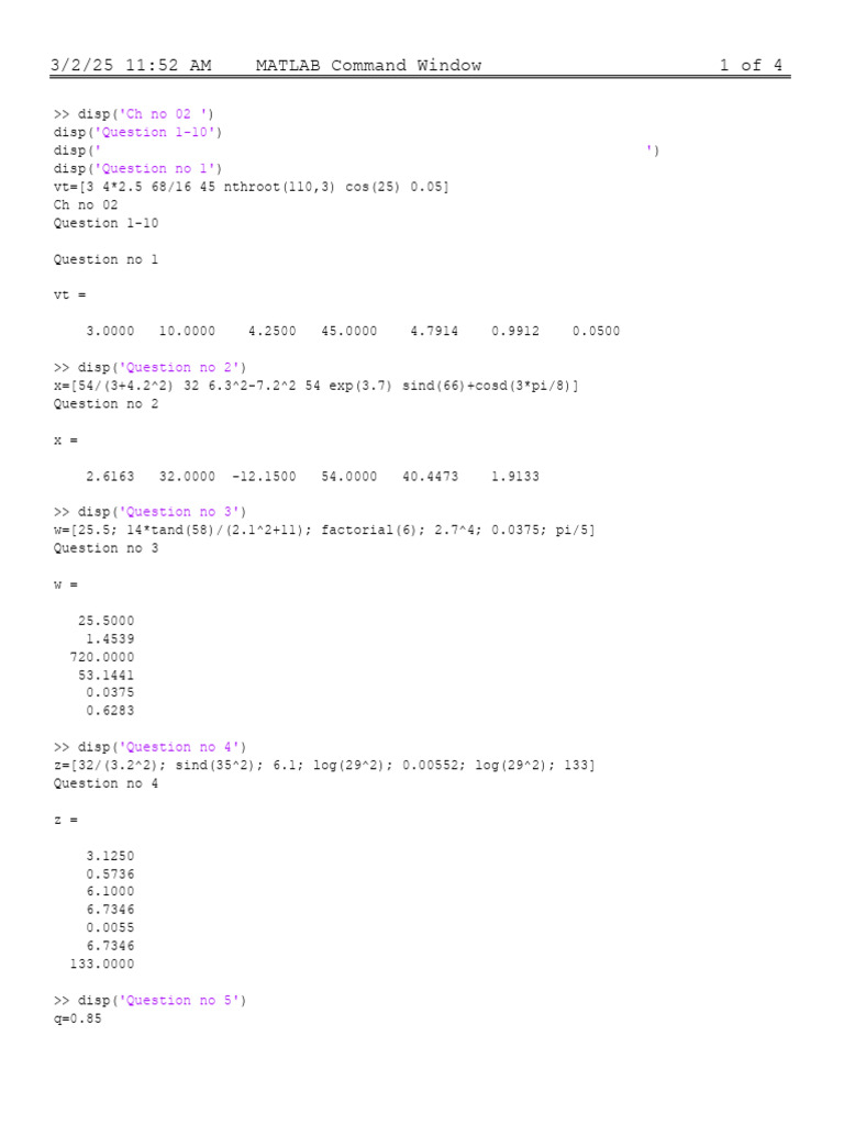 MATLAB Command Window Calculations | PDF