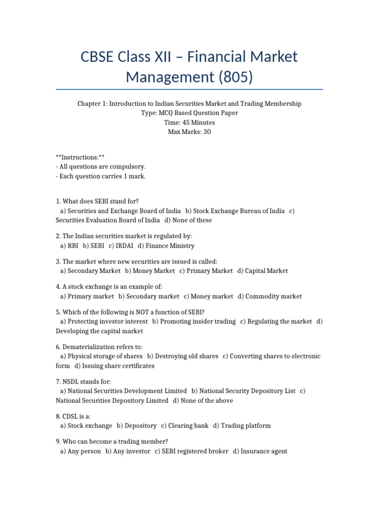 Class XII Financial Markets MCQ Paper | PDF | Securities (Finance ...