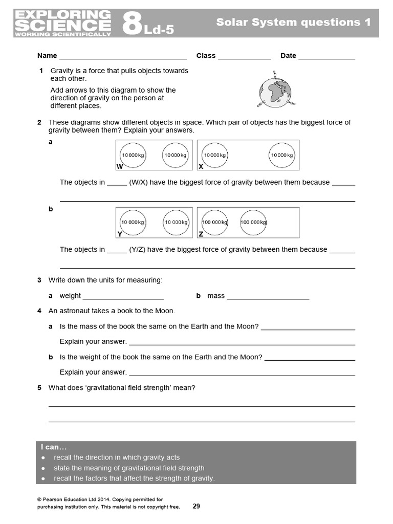 Solar System Gravity Concepts Worksheet | PDF