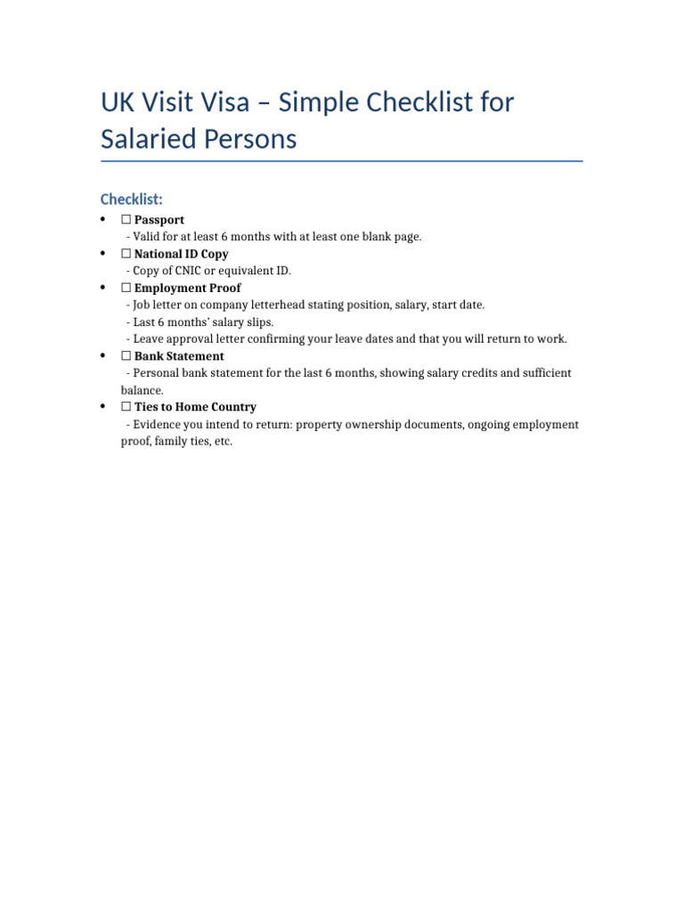 Simple UK Visit Visa Checklist Salaried | PDF