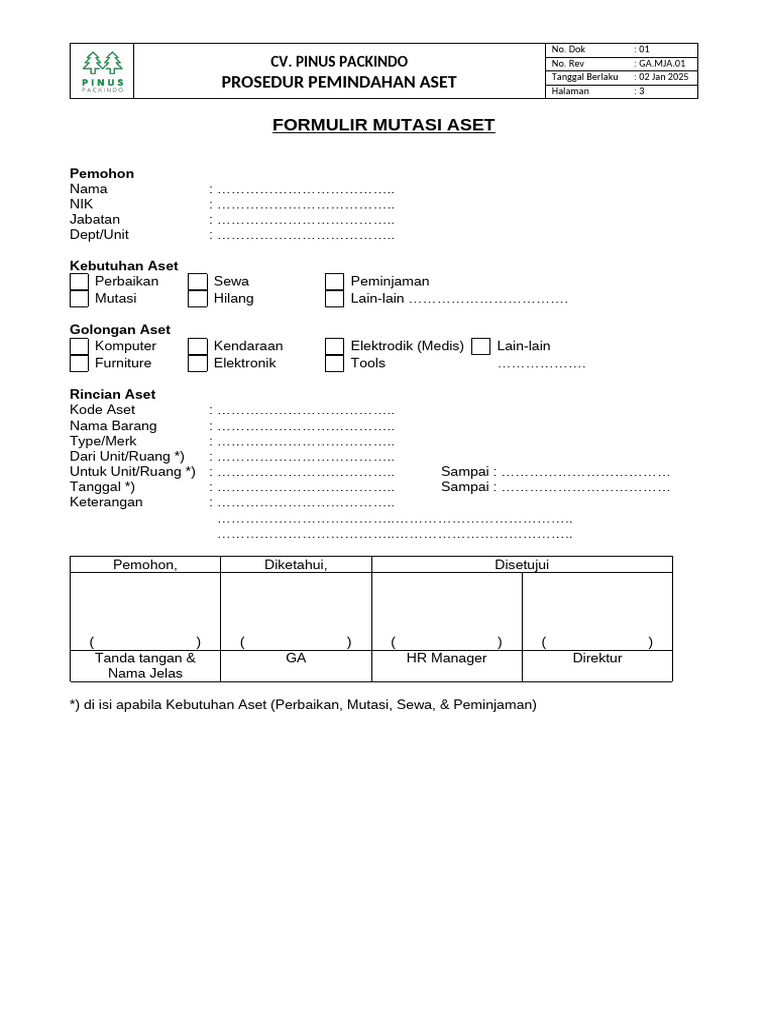 Prosedur Mutasi Aset CV. Pinus Packindo | PDF