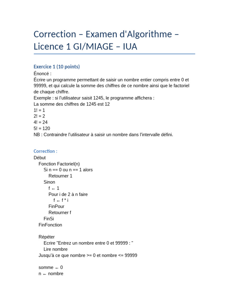 Correction d'Examen Algorithmes GI/MIAGE | PDF | Algorithmes ...