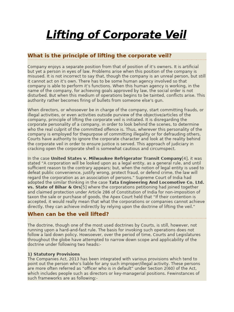 Understanding the Lifting of Corporate Veil PDF Piercing The