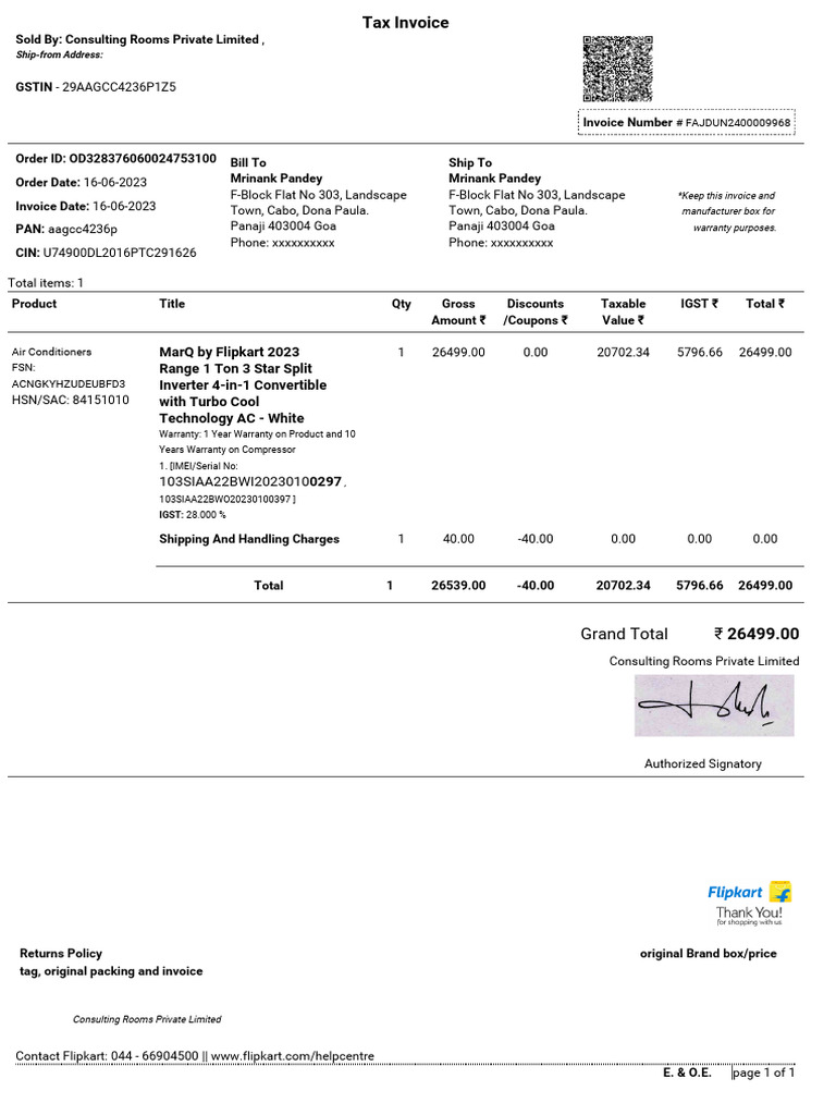 Invoice for MarQ AC Purchase | PDF | Taxes