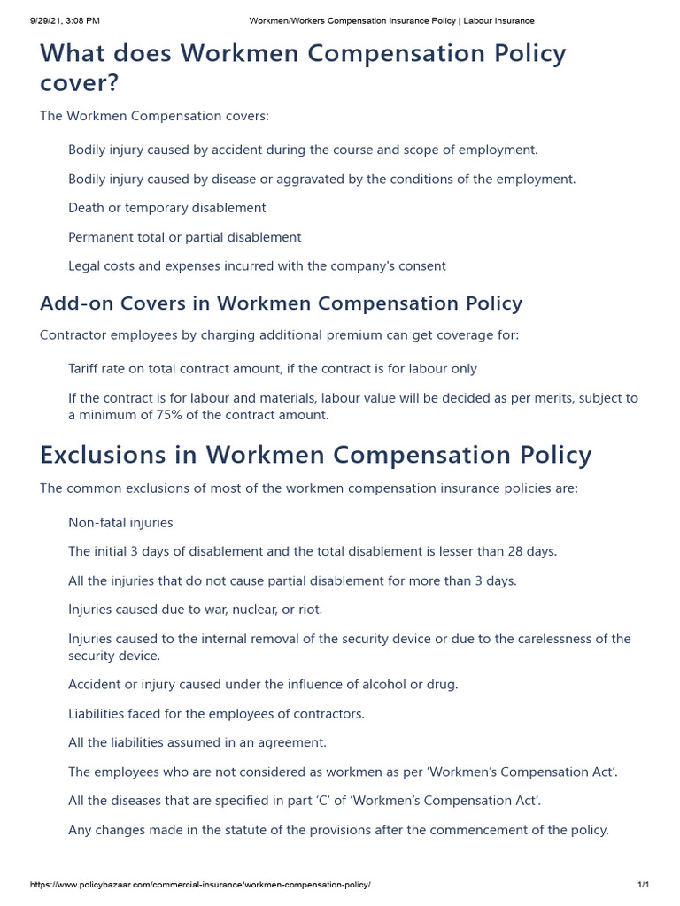 Workmen Workers Compensation Insurance Policy Labour Insurance Pdf