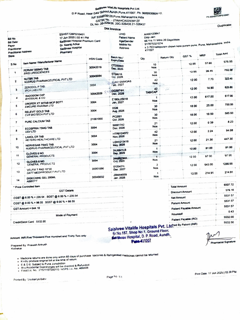 NIPR Pune Menu and Nutbr Tablet Invoice | PDF