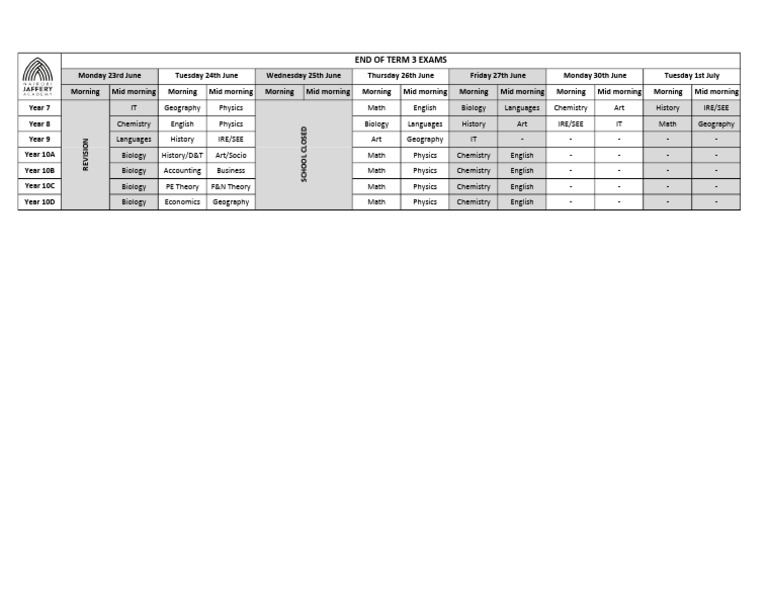 Term 3 Exam Schedule 2025 | PDF