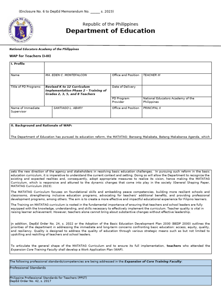 Work Application Plan for MATATAG Curriculum | PDF | Educational ...