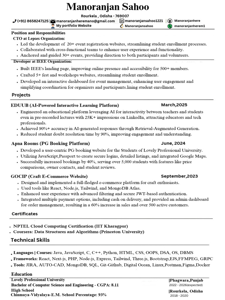 Manoranjan Sahoo: Tech Portfolio Overview | PDF | Java Script ...