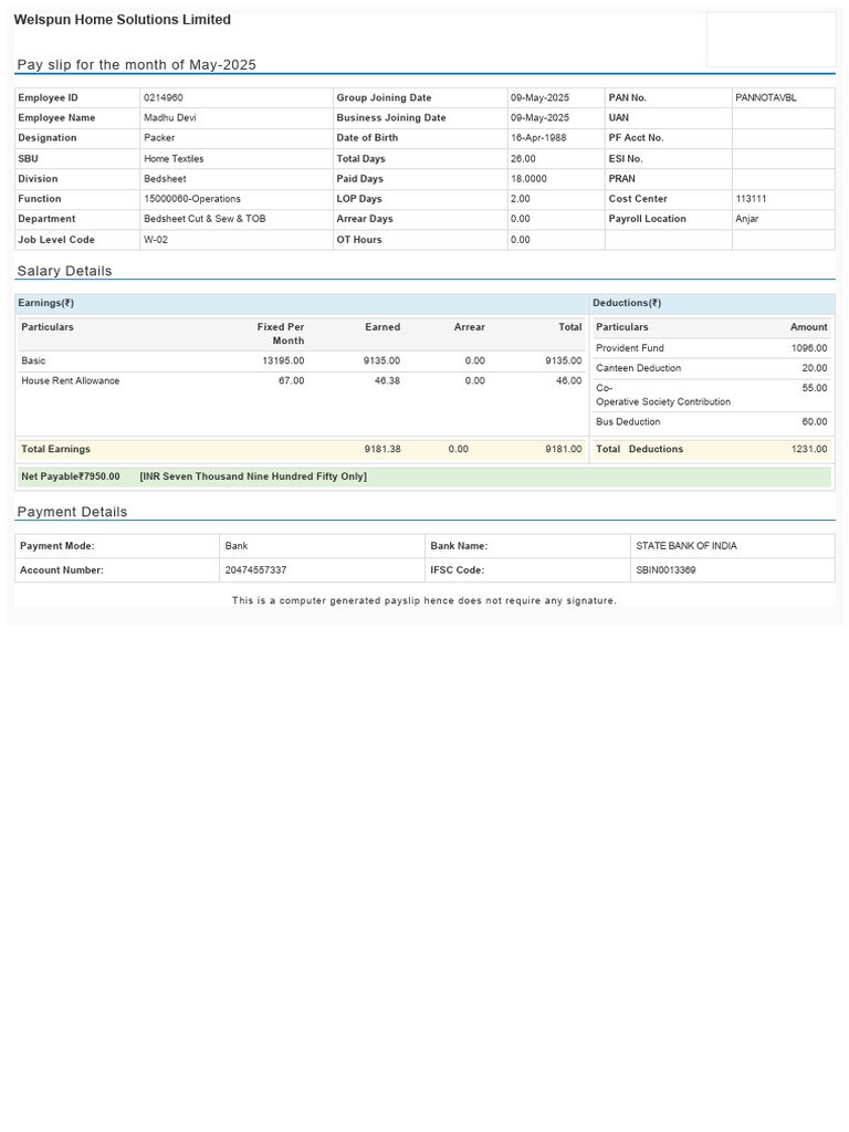 Pay Slip For The Month of May-2025 | PDF | Expense | Government Finances