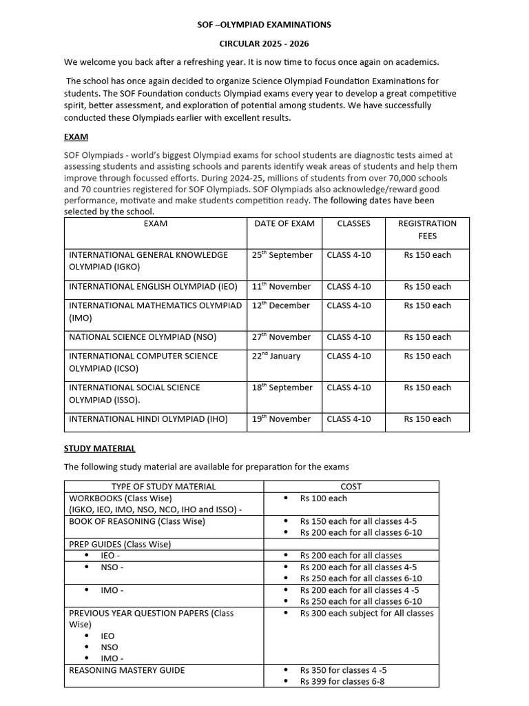 SOF Olympiad Exam Schedule 2025-26 | PDF