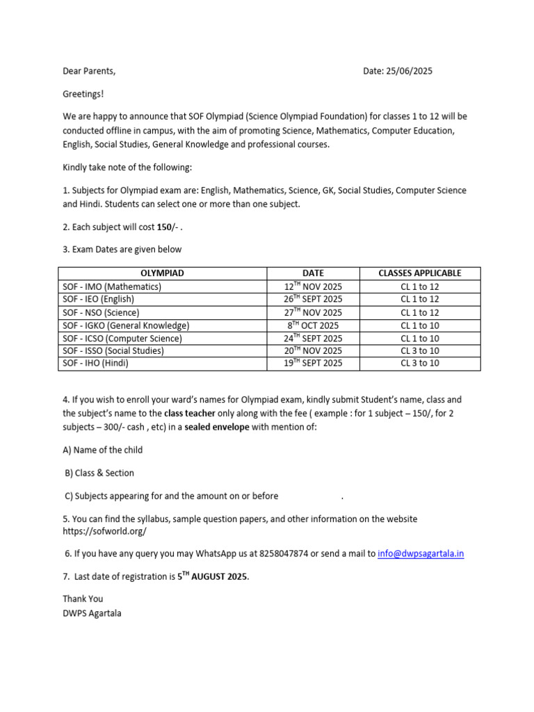 SOF Olympiad Exam Dates 2025-26 | PDF