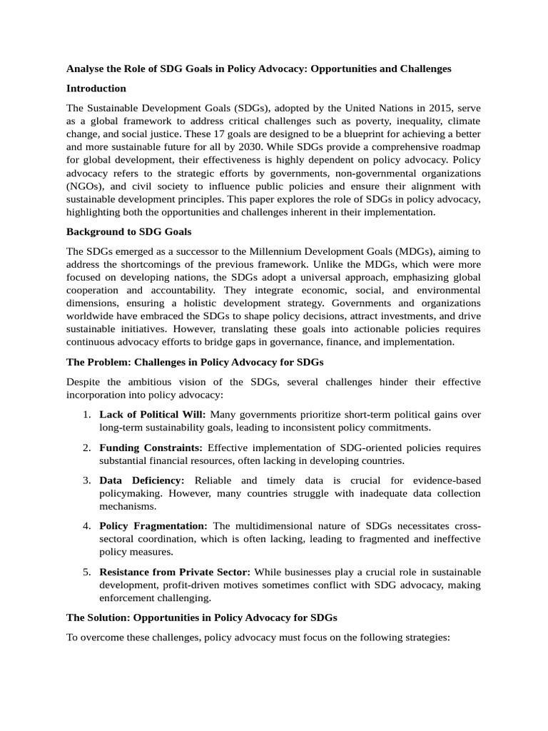 Analyse The Role of SDG Goals in Policy Advocacy: Opportunities and ...