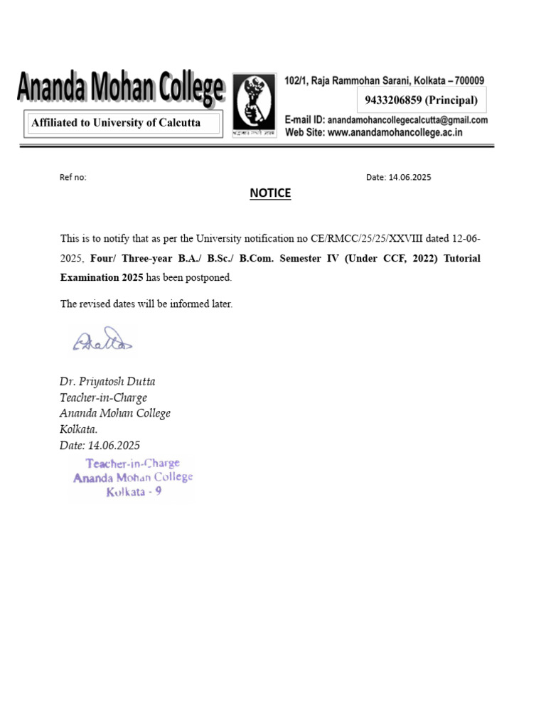 Revised Notice Sem IV Tutorial Examination | PDF