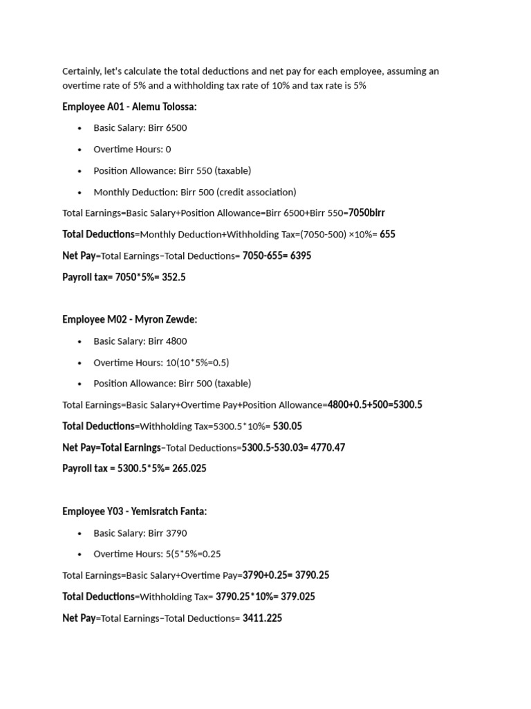 Employee Payroll Calculations Summary | PDF