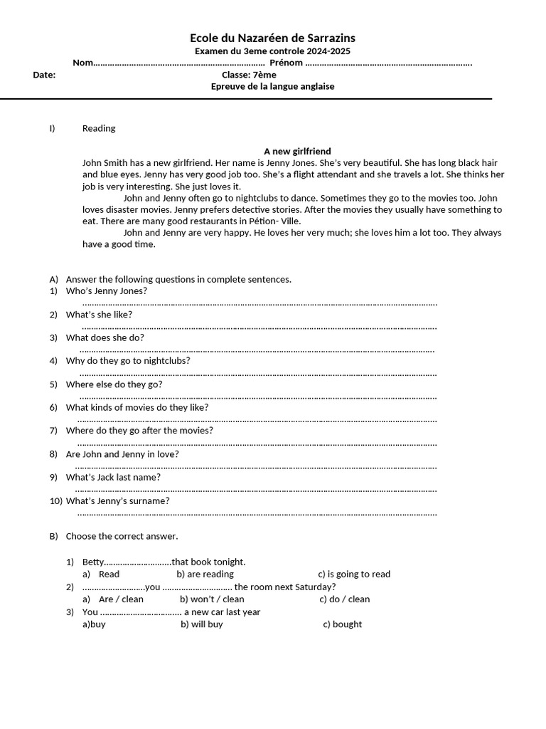 English Exam for 7th Grade 2024-2025 | PDF