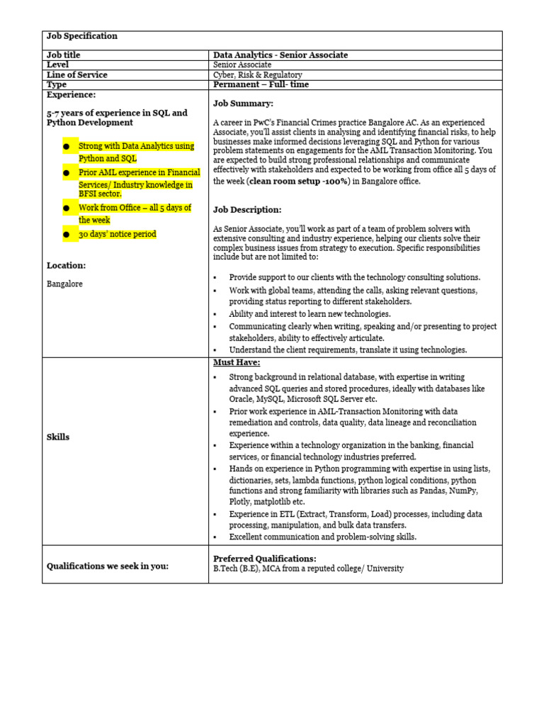 FCU SQL Python CleanRoom Senior Associate - JD-1 | PDF | Sql ...