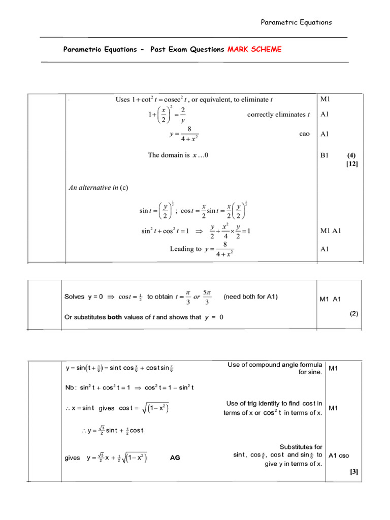 Parametric Equations MARK SCHEME1 | PDF
