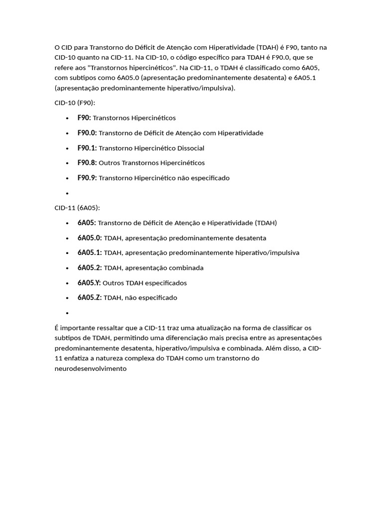 CID do TDAH: Classificações e Subtipos | PDF