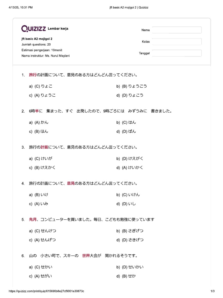 JFT Basic A2 Mojigoi 2 - Quizizz | PDF