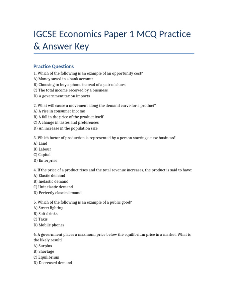 IGCSE Economics MCQ Practice & Answers | PDF | Demand | Elasticity ...