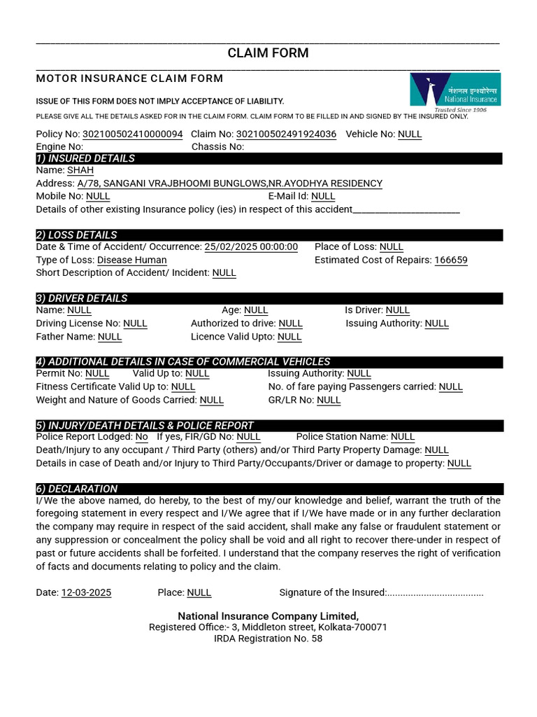 ClaimForm 302100502491924036 | PDF | Vehicle Insurance | Transport