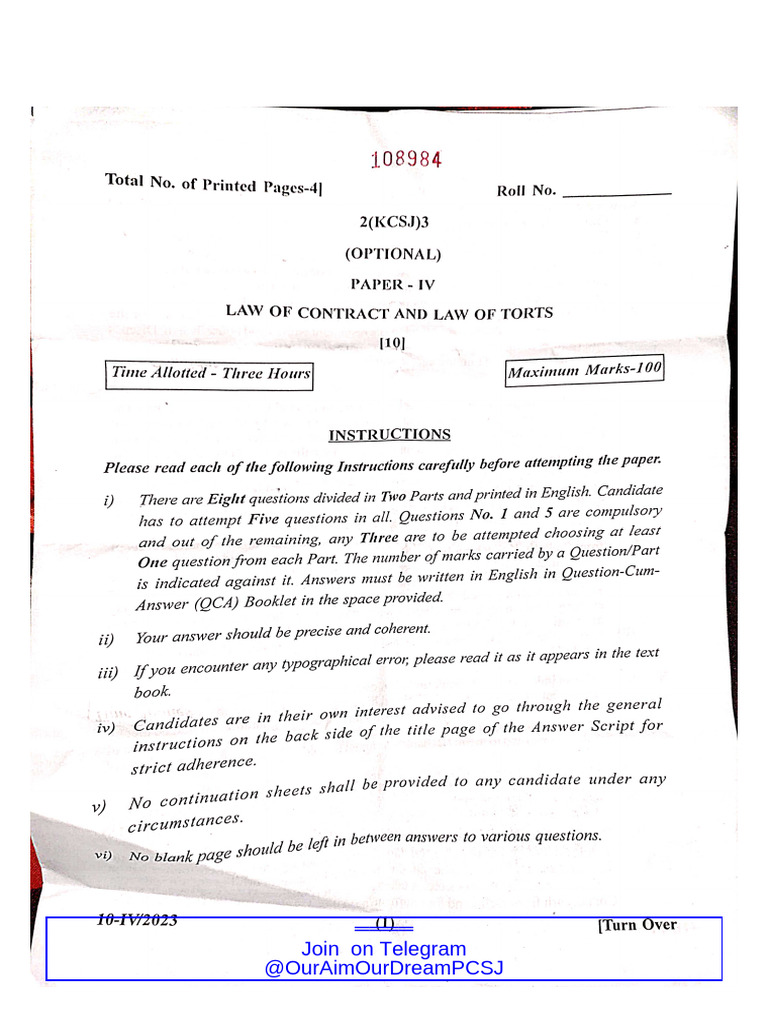 Jammu and Kashmir Civil Judge Mains Exam Paper 2023 Subject - Contract ...
