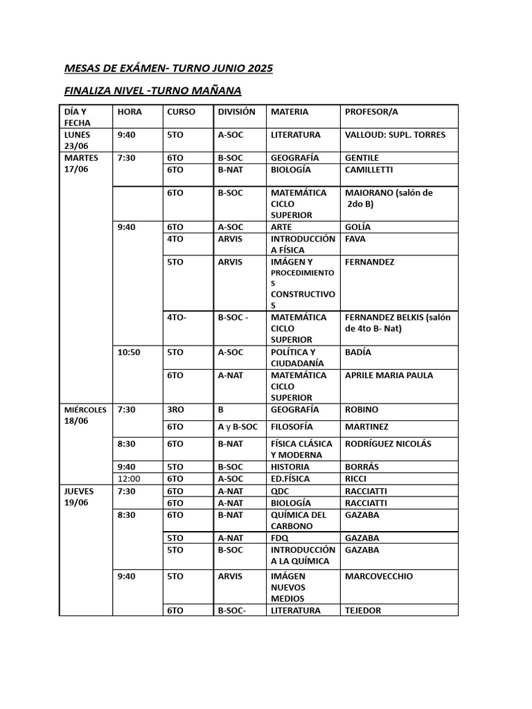 Mesas de Examen Junio 2025 - Turno Mañana y Tarde | PDF