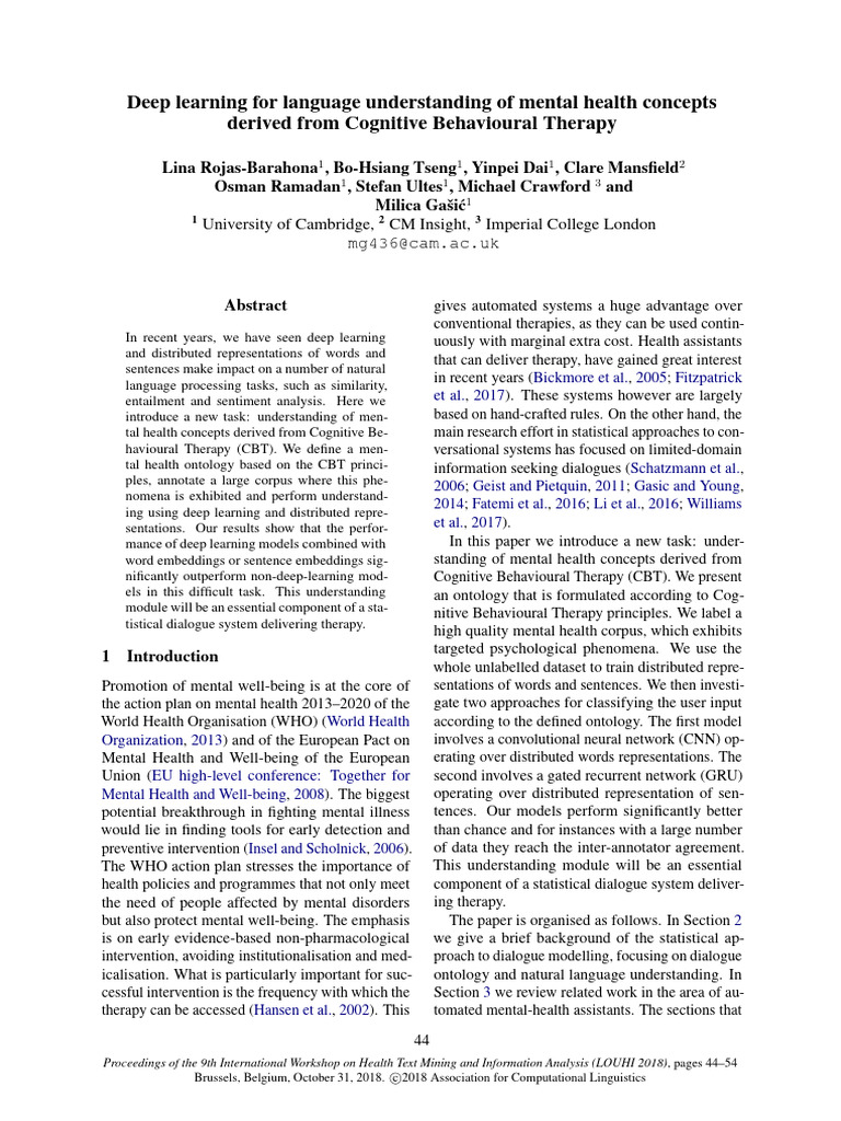 Deep Learning for Mental Health Concepts | PDF | Cognitive Behavioral ...