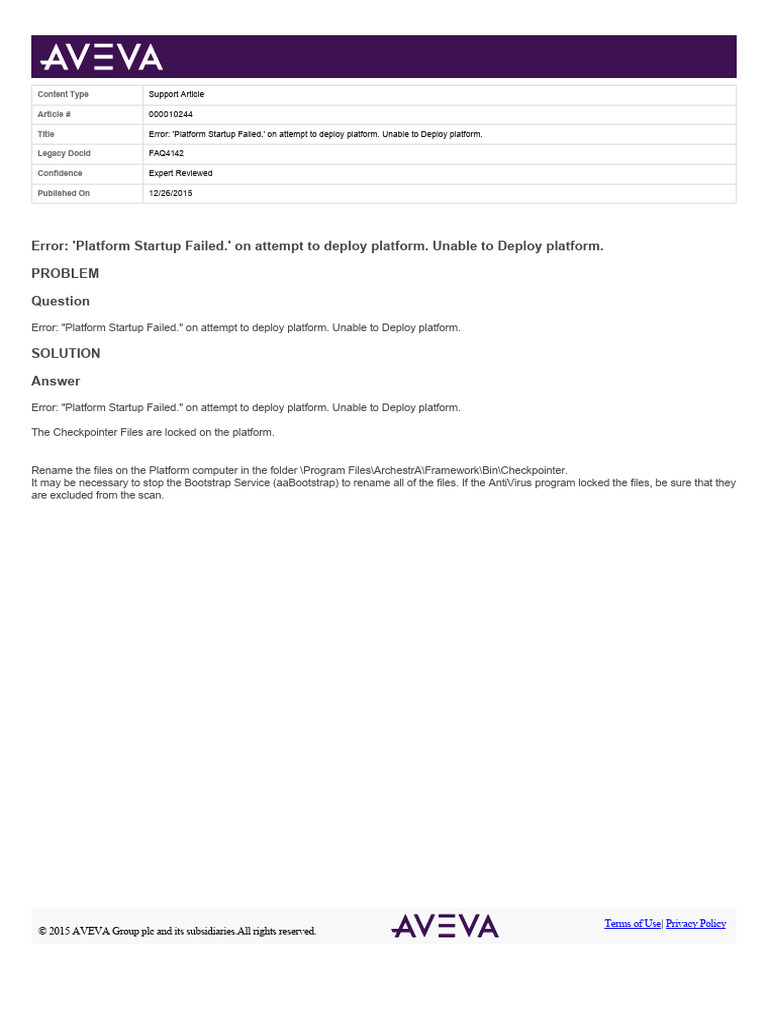 Error 'Platform Startup Failed.' On Attempt To Deploy Platform. Unable ...