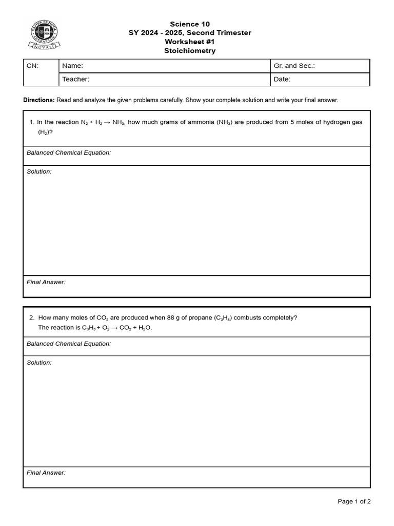 (Science+10) +T2+Worksheet+1+ +Stoichiometry+Problet+Set | PDF
