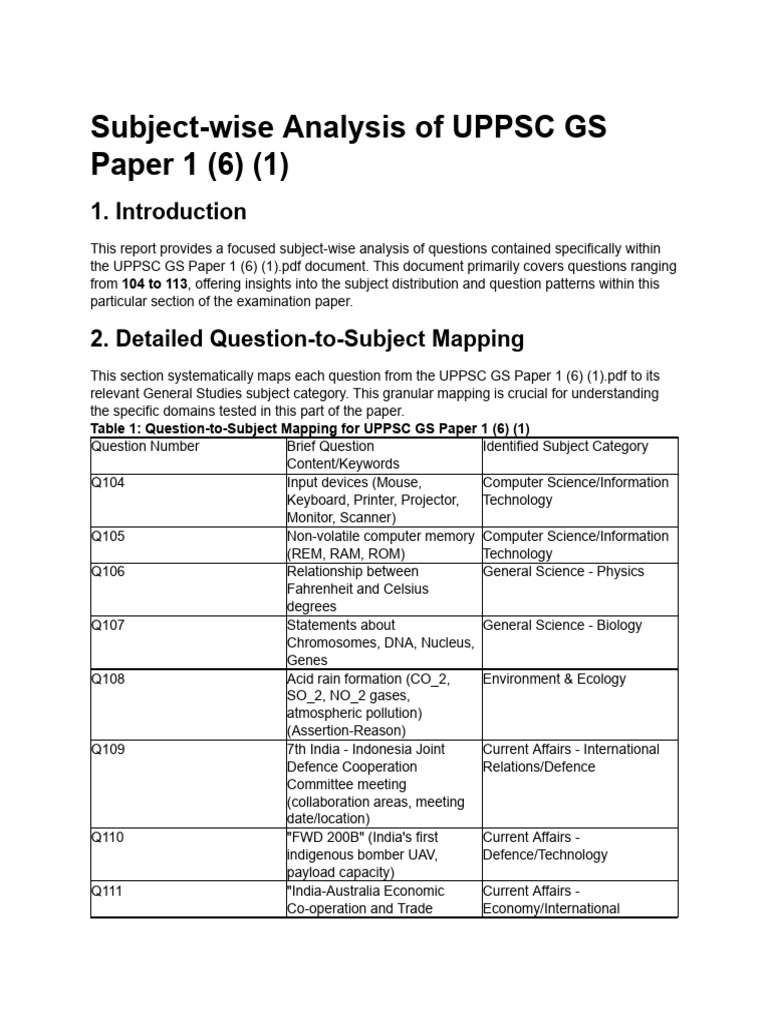 UPPSC GS Paper 1 Subject Analysis | PDF | Science | Geography
