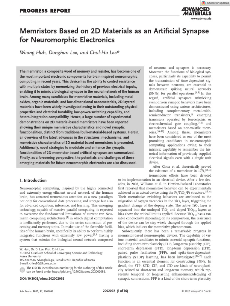 Advanced Materials - 2020 - Huh - Memristors Based On 2D Materials As ...